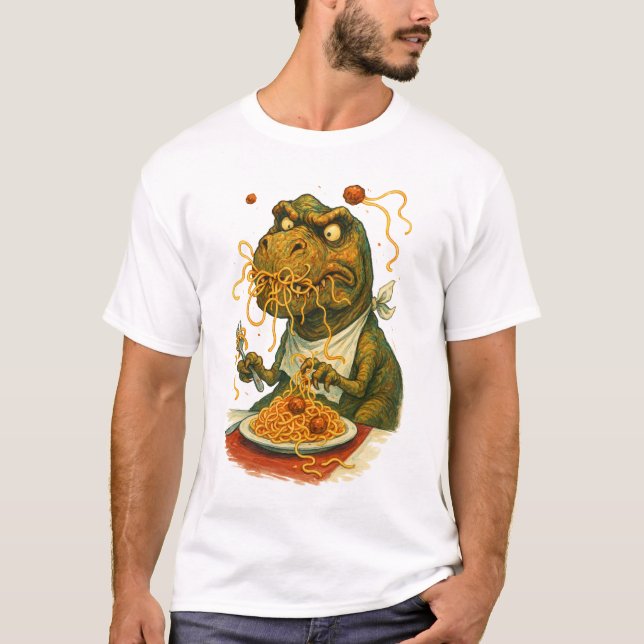 T-shirt T-Rex lutte pour manger des spaghettis (Devant)