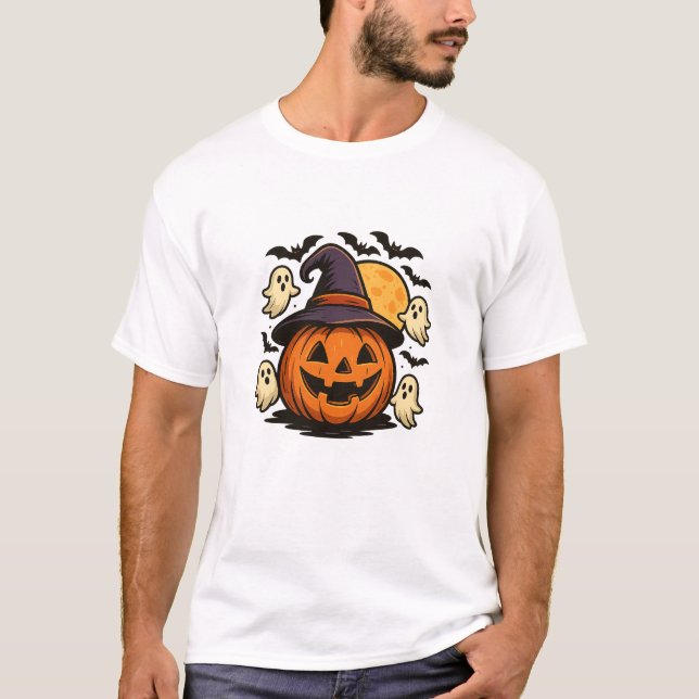 T-shirt T-Shirt, Casquette de sorcière Citrouille d'Hallow (Devant)