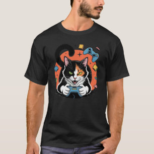 T-shirt T Vidéo Dessué à la Main Chat Calico de Jeu Artist