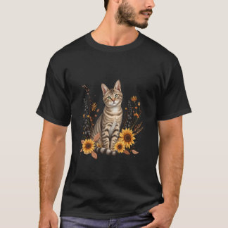 T-shirt Tabby Cat with Sunflowers u2013 Rustic Botanical A
