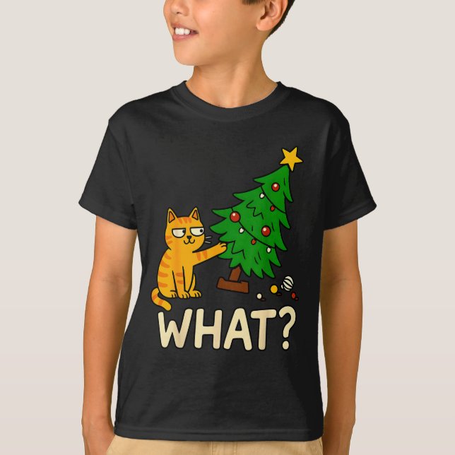 T-shirt Tabby Cat Xmas Cat Pushing Christmas Tree Over Cat (Devant)