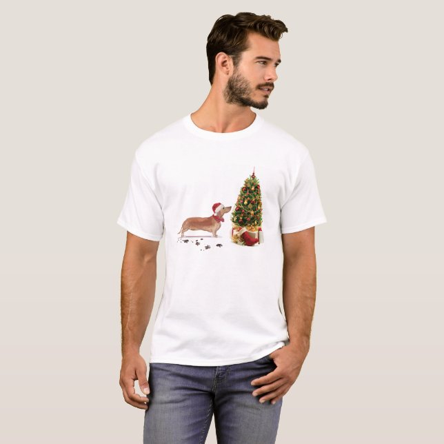 T-shirt Tan Dachshund Funny Chien de Noël avec arbre (Devant entier)