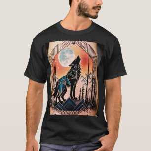 T-shirt Tatouage géométrique du loup avec paysage nocturne