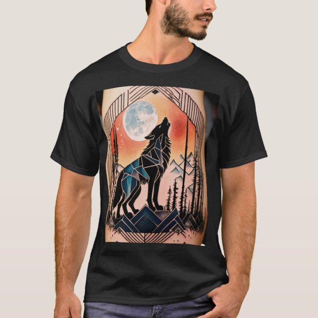 T-shirt Tatouage géométrique du loup avec paysage nocturne (Devant)