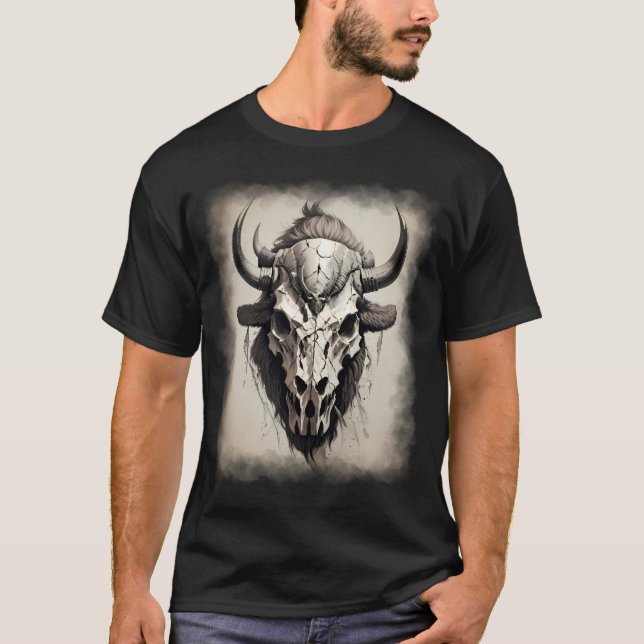 T-shirt Tatto gothique de style boho de la tête de bison (Devant)