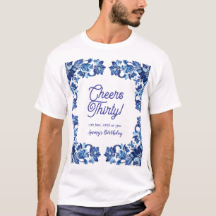 T-shirt Tcheers trente ans royal bleu floral bordure na