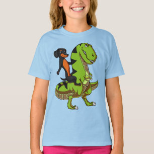 T-shirt Teckel de chien de saucisse montant le dinosaure