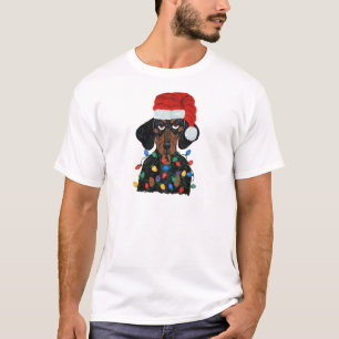 T-shirt Teckel Père Noël embrouillé dans des lumières 