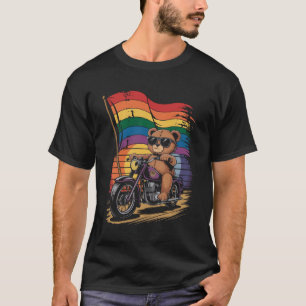 T-shirt Teddy Bear à moto avec un drapeau arc-en-ciel