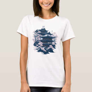 T-shirt Temple japonais d'art de l'encre entouré d'arbres