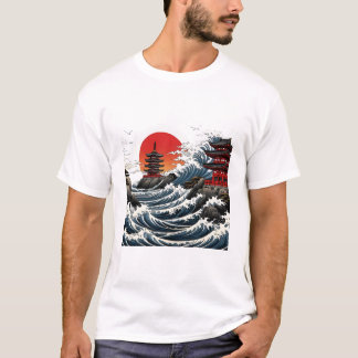 T-shirt Temple Wave Art - Ukiyo-e Japanese Sunset Design