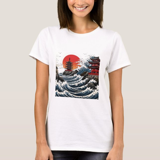 T-shirt Temple Wave Art - Ukiyo-e Japanese Sunset Design (Devant)