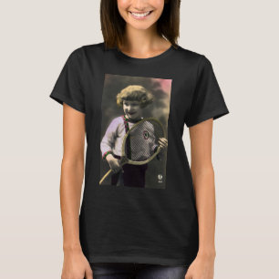 T-shirt Tennis Sportif Vintage, Fille Heureuse avec Raquet