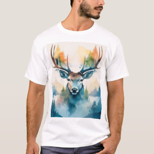 T-shirt Tête de cerfs avec bois et arbres forestiers