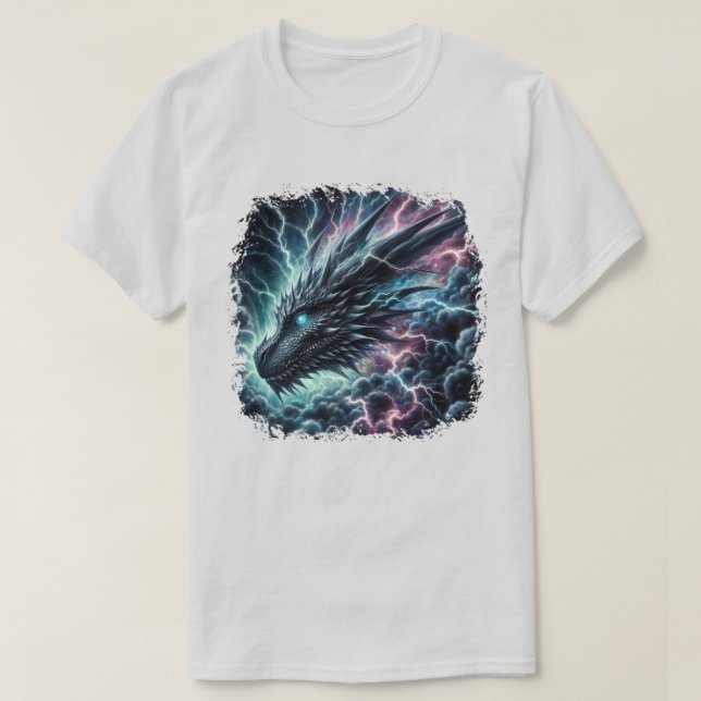 T-shirt Tête de dragon dans un orage avec éclairs (Design devant)