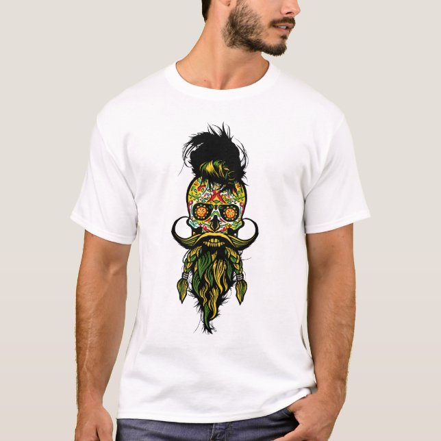 T-shirt tete de mort hipster crane skull barbu barbe moust (Devant)