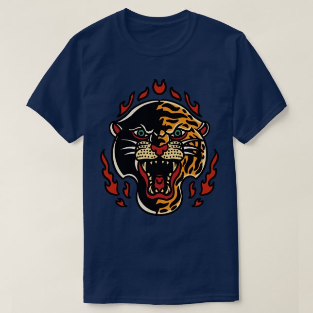 T-shirt Tête de tigre de Panther rétro avec flammes (Design devant)