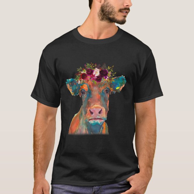 T-shirt Tête de vache couleur aquarelle | Cadeaux de vache (Devant)