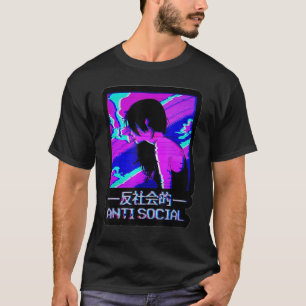 T-shirt Texte Anti-Social Japonais Esthétique Vaporwave Gi