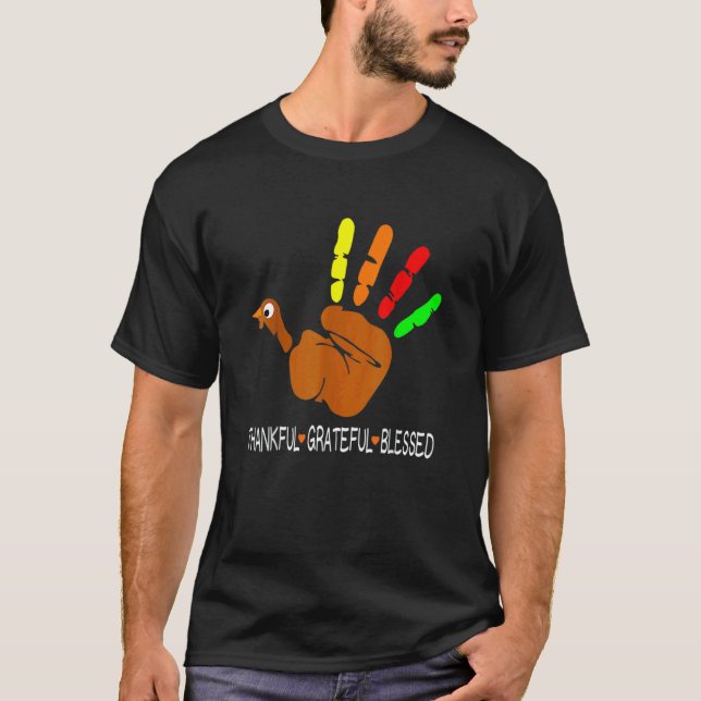 T-shirt Thankful Grateful Blessed Heart Turkey Hand Thanks (Devant)