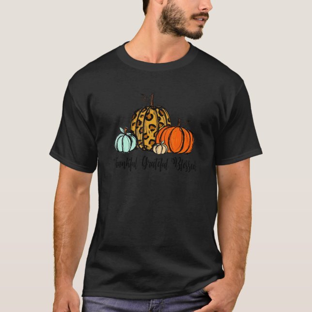 T-shirt Thankful Grateful Blessed Pumpkin Leopard Plaid Th (Devant)