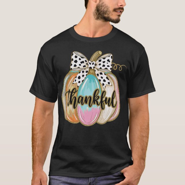 T-shirt Thankful Pumpkin Coquette Bow Thanksgiving Fall  (Devant)