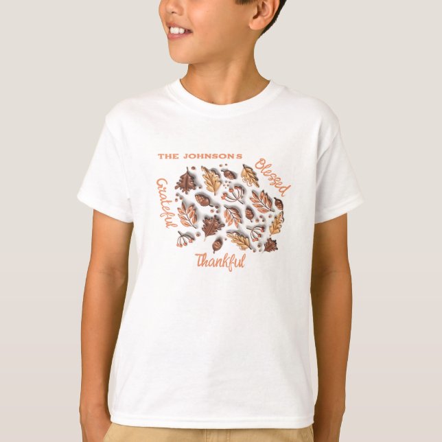 T-shirt Thanksgiving Inflated Fall Leaves Nom de famille E (Devant)