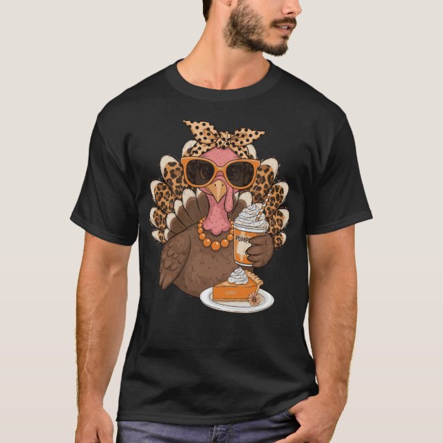 T-shirt Thanksgiving Turkey Drinking Coffee Leopard   (Devant)