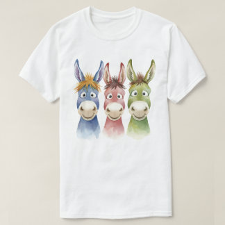 T-shirt Three Colorful Cartoon Donkeys in Watercolor Style