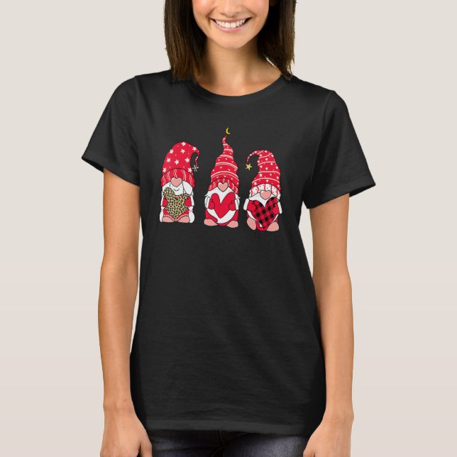 T-shirt Three Gnomes Holding Heart Leopard Happy Valentine (Devant)
