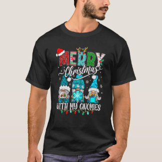 T-shirt Three Gnomes Holding Merry Christmas Leopard Plaid