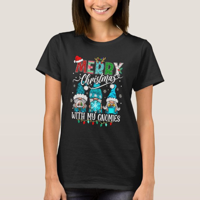 T-shirt Three Gnomes Holding Merry Christmas Leopard Plaid (Devant)
