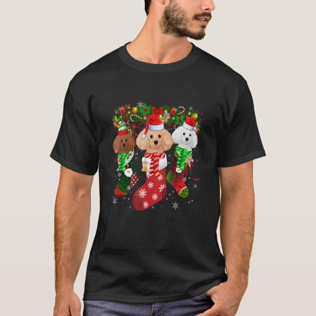 T-shirt Three Poodle In Socks Christmas Santa Hat   (Devant)