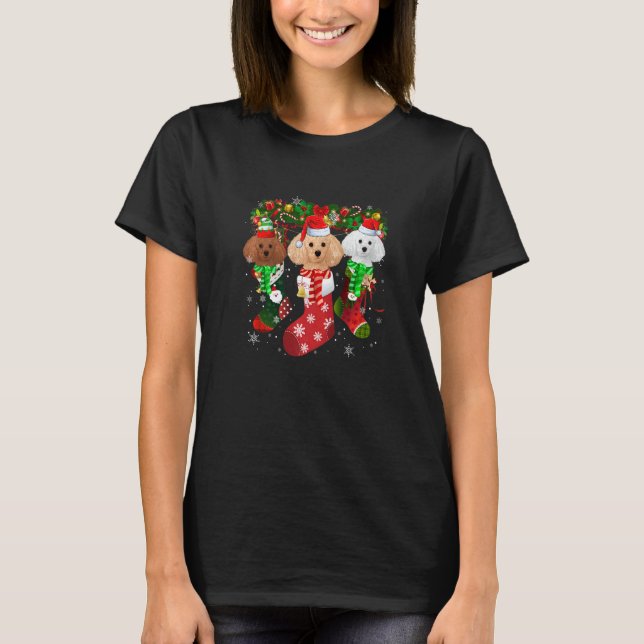 T-shirt Three Poodle In Socks Christmas Santa Hat (Devant)