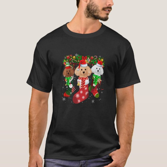 T-shirt Three Poodle In Socks Christmas Santa Hat (Devant)
