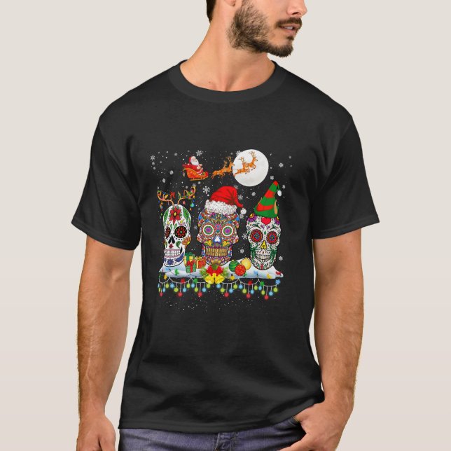T-shirt Three Santa Reindeer Elf Floral Skulls Christmas T (Devant)