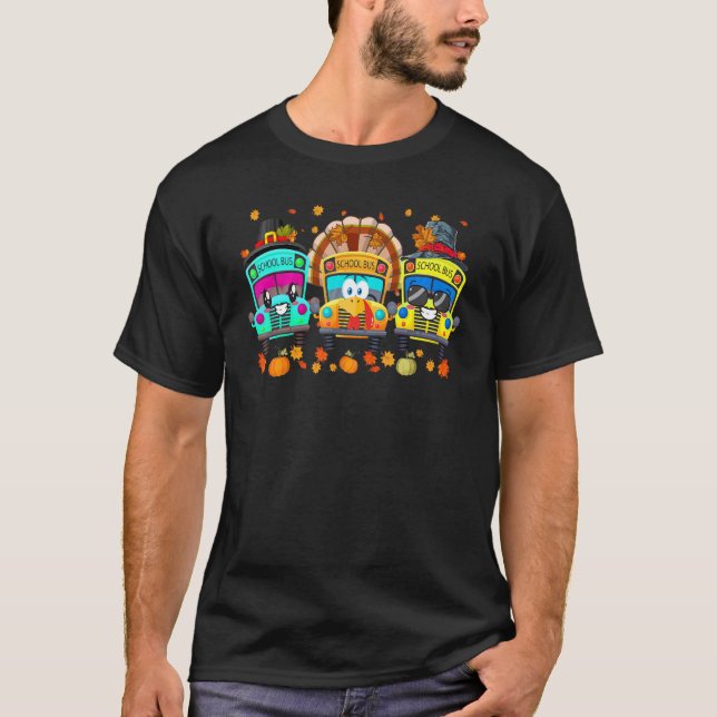 T-shirt Three School Buses Pilgrim Turkey Fall Vibes Thank (Devant)