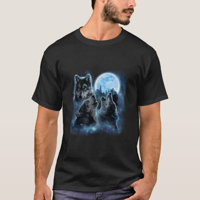 T-shirt Three Wolves Howling And Moon Wolf (Devant)