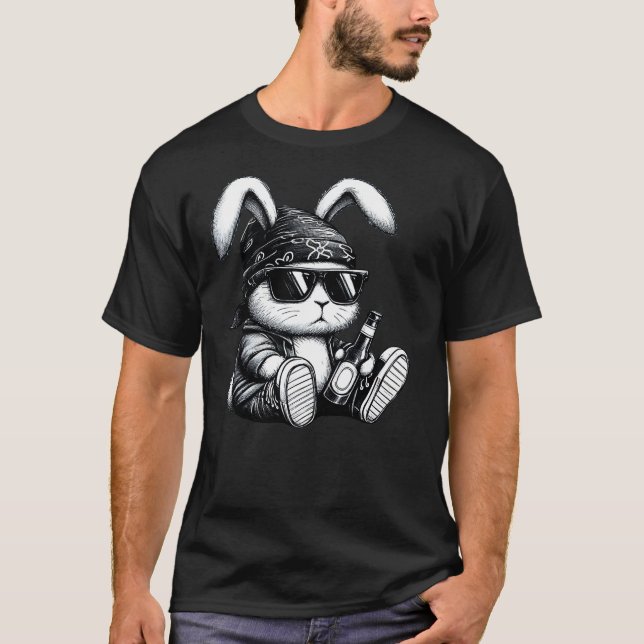 T-shirt Thug Bunny With Beer Bunny Rabbit Gangster Rabbit  (Devant)