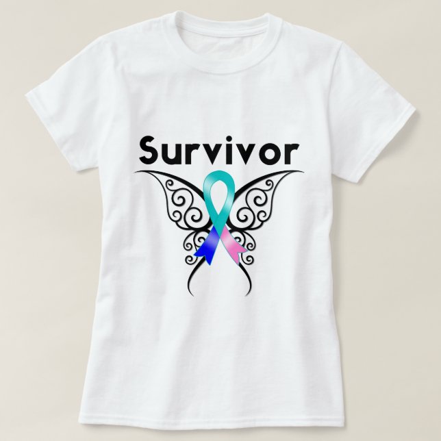 T-shirt Thyroïde Cancer Survivant Papillon Tribal (Design devant)