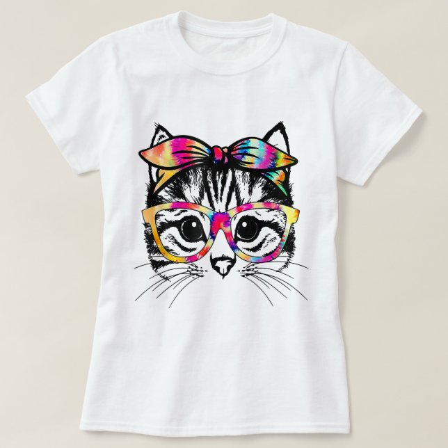 T-shirt Tie-Dye Cat Face with Glasses Design (Design devant)