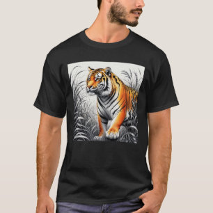 T-shirt Tiger Art Color Partiel noir blanc dessin