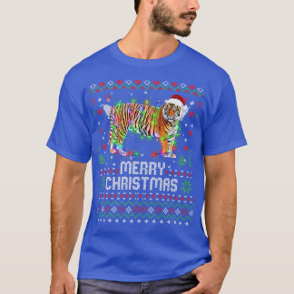 T-shirt Tiger Santa Chapeau Animal Noël Arbre Lumières Vac