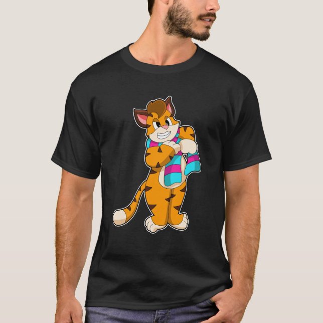 T-shirt Tigre en hiver avec Écharpe (Devant)