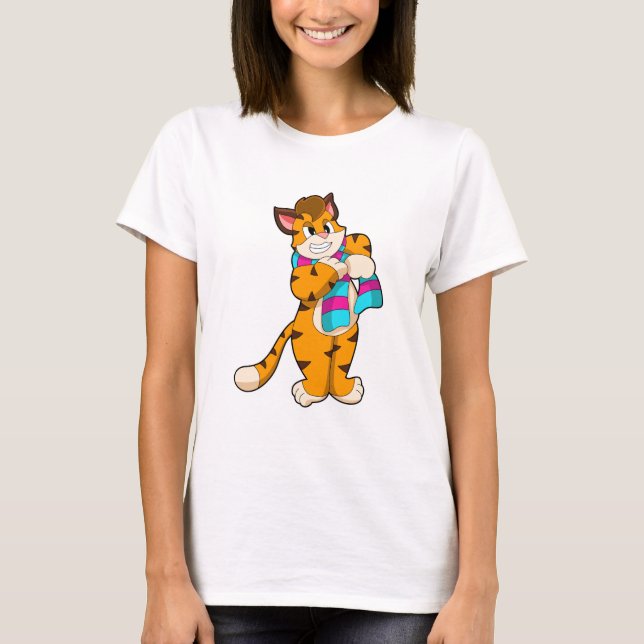 T-shirt Tigre en hiver avec Écharpe (Devant)
