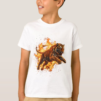 T-shirt Tigre féroce bondissant à travers un mur de feu