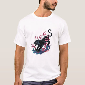 T-shirt Tigre japonais noir et fleurs de cerisier