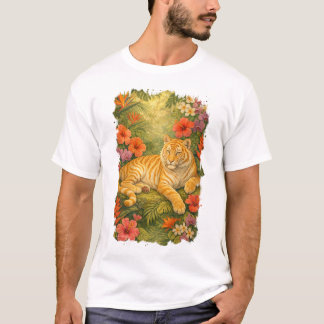 T-shirt Tigre tabby doré parmi les fleurs tropicales
