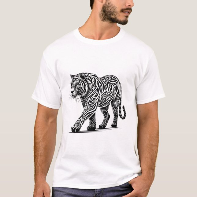 T-shirt Tigre Tribal Art - Gras noir et blanc Illustrati (Devant)