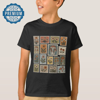 T-shirt Timbre botanique vintage avec fleurs et champignon